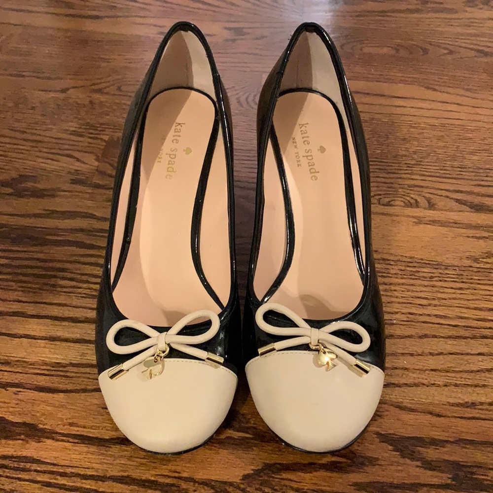 kate spade Black and Cream Patent Leather Bow Cap-Toe Heels